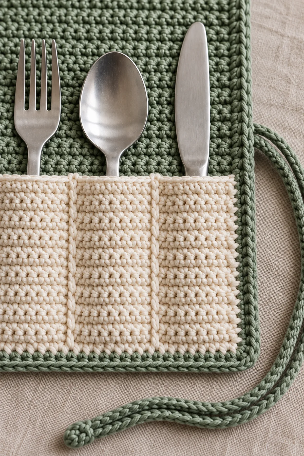 Close-up of stitch texture and finishing details on beginner crochet picnic utensil wrap pattern