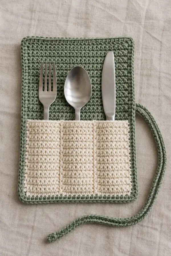 Finished beginner crochet picnic utensil wrap pattern displayed with a clean handmade finish