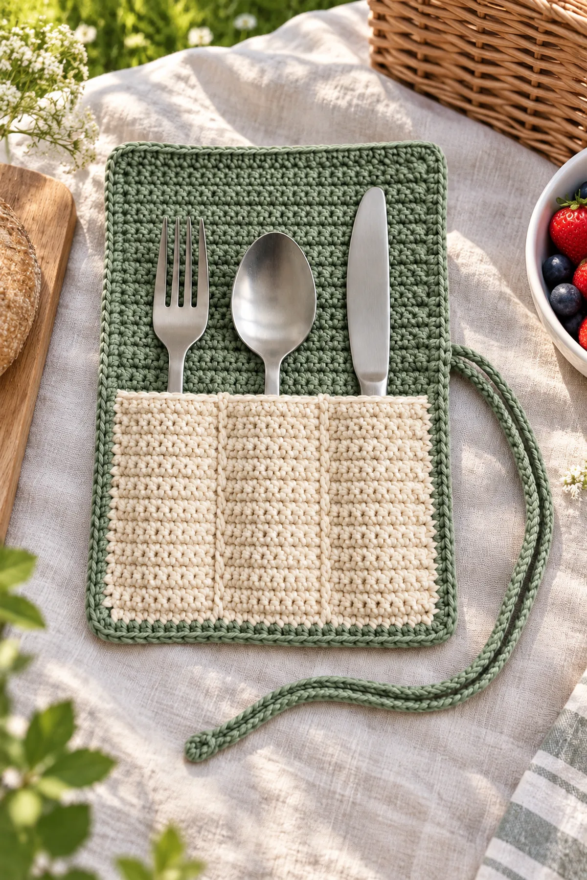 Finished beginner crochet picnic utensil wrap pattern styled in a bright natural setting