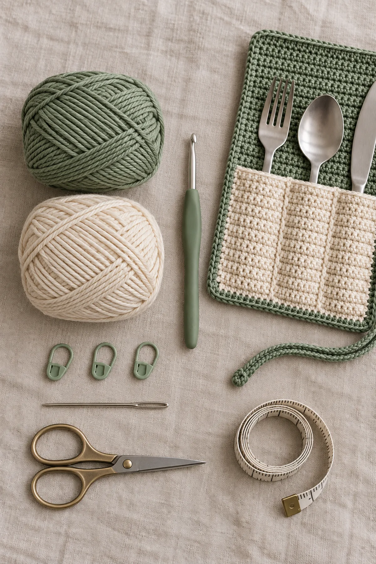 Materials for beginner crochet picnic utensil wrap pattern including yarn, crochet hook, markers, needle, tape measure, and scissors