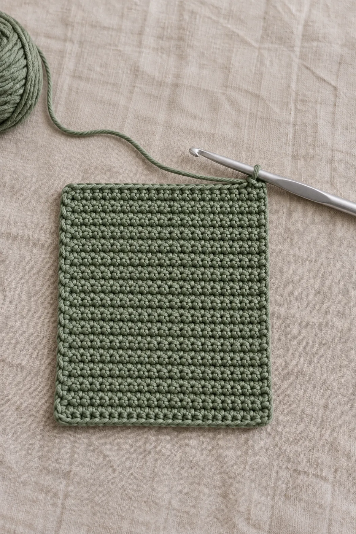 Early crochet construction stage for beginner crochet picnic utensil wrap pattern with working yarn and hook
