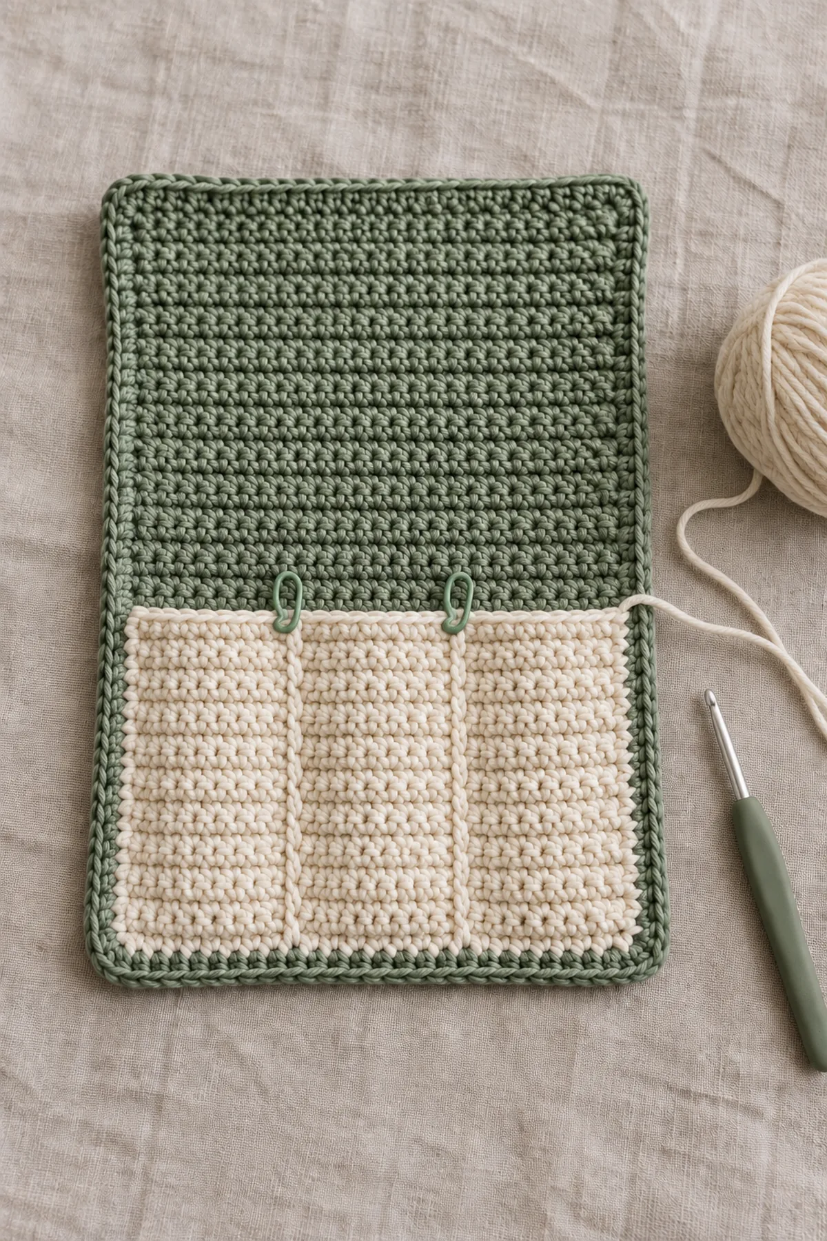 Mid-process crochet construction and shaping for beginner crochet picnic utensil wrap pattern