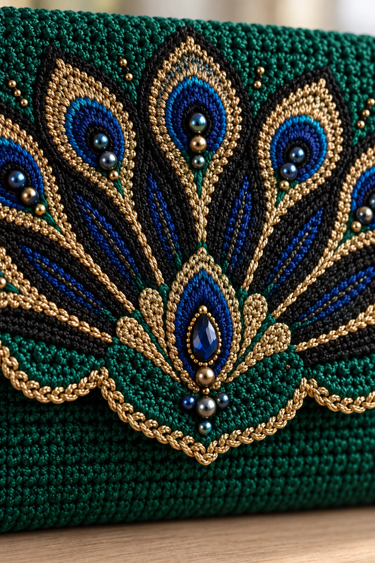 Close-up of beaded peacock feather eyes black Art Deco rays and scalloped gold edged flap