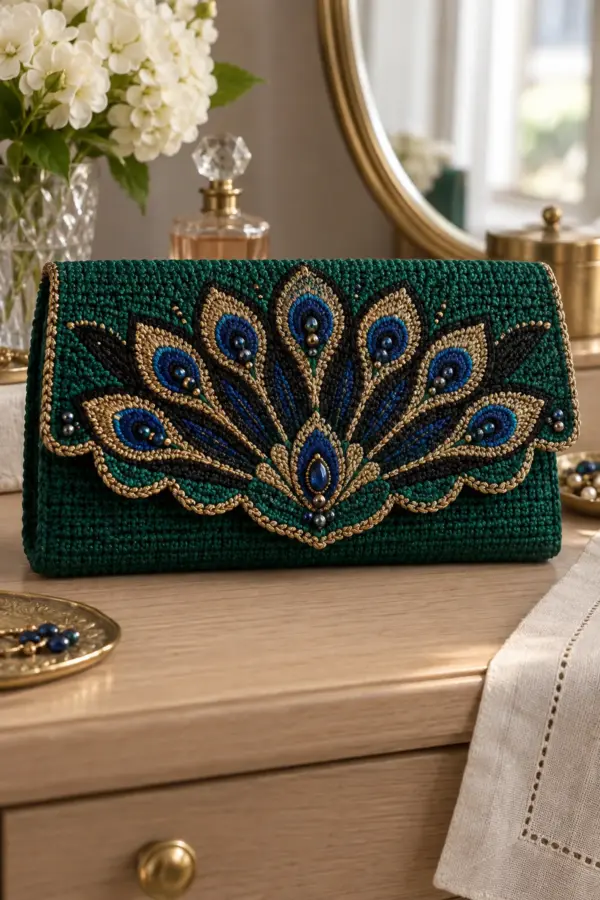 Finished crochet Art Deco peacock evening clutch in emerald sapphire gold and black with beads
