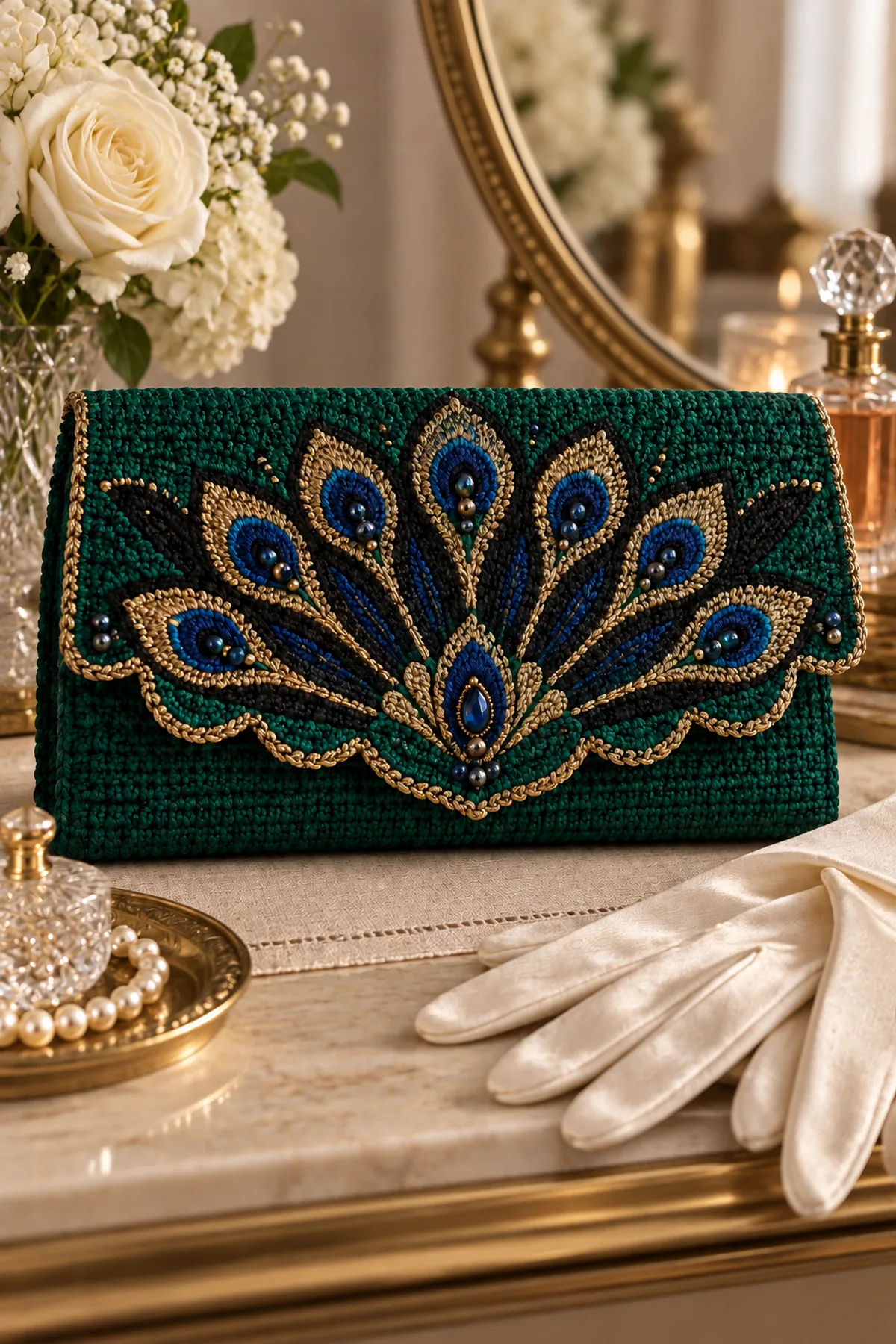 Art Deco peacock crochet clutch styled with satin gloves at an evening vanity