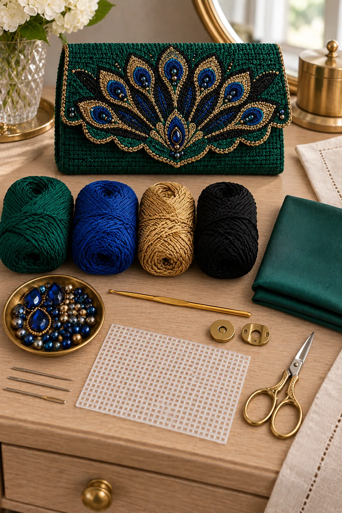 Emerald sapphire gold and black sport cotton yarn beads hook lining magnetic snap plastic canvas and needle