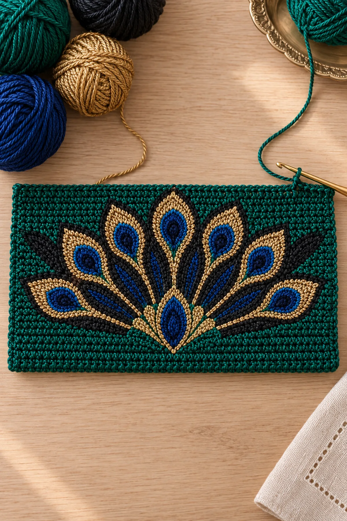 Flat crochet clutch panel midway through symmetrical sapphire and gold peacock fan colorwork