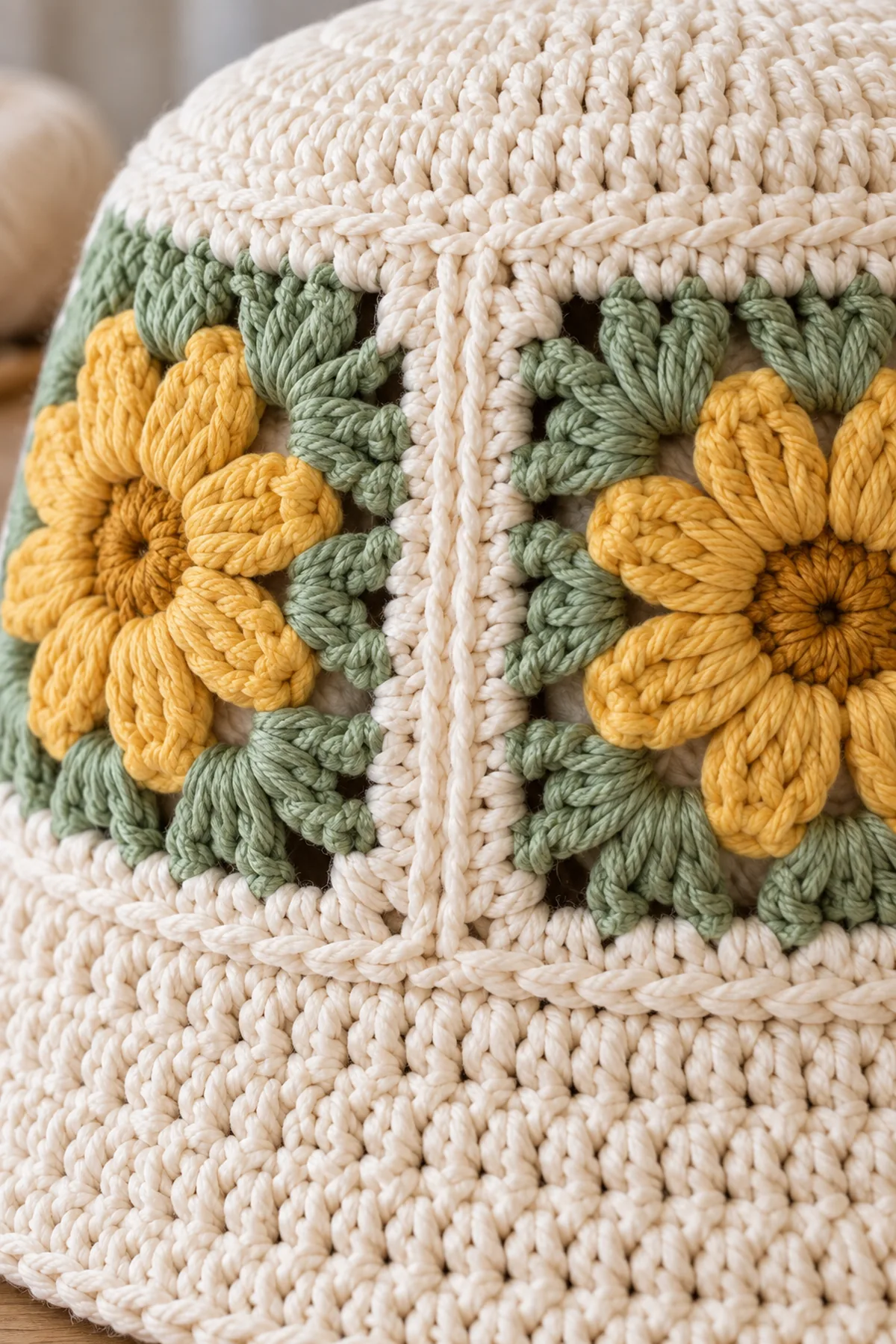 Close-up of flat slip-stitch joins between daisy granny squares