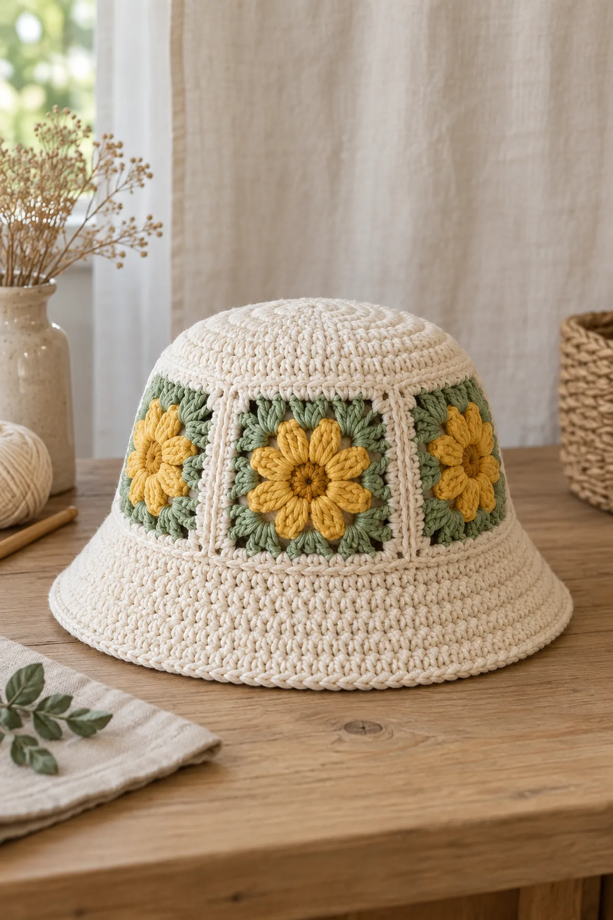 Finished cream crochet bucket hat with golden daisy granny squares and sage borders
