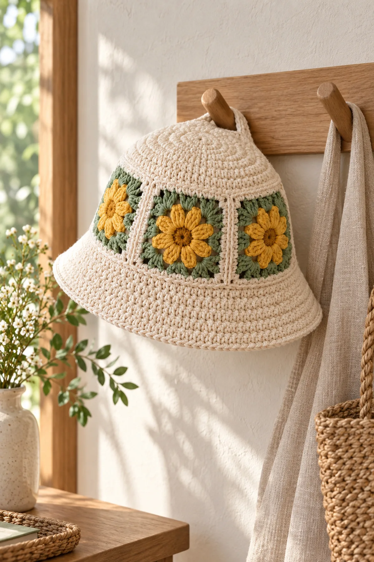 Finished daisy granny square bucket hat displayed on a wooden peg in soft daylight