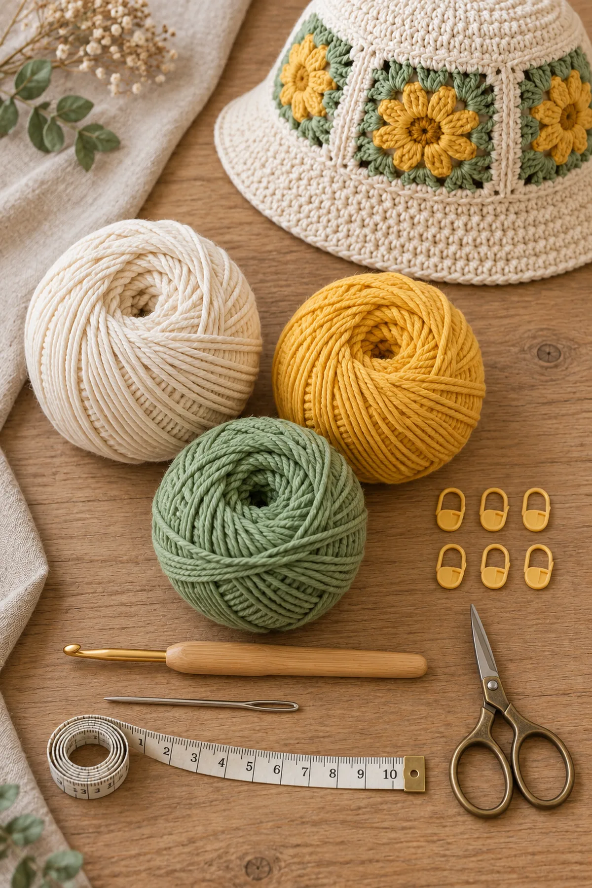 Cream, yellow, and sage cotton yarn with hook, markers, needle, tape measure, and scissors