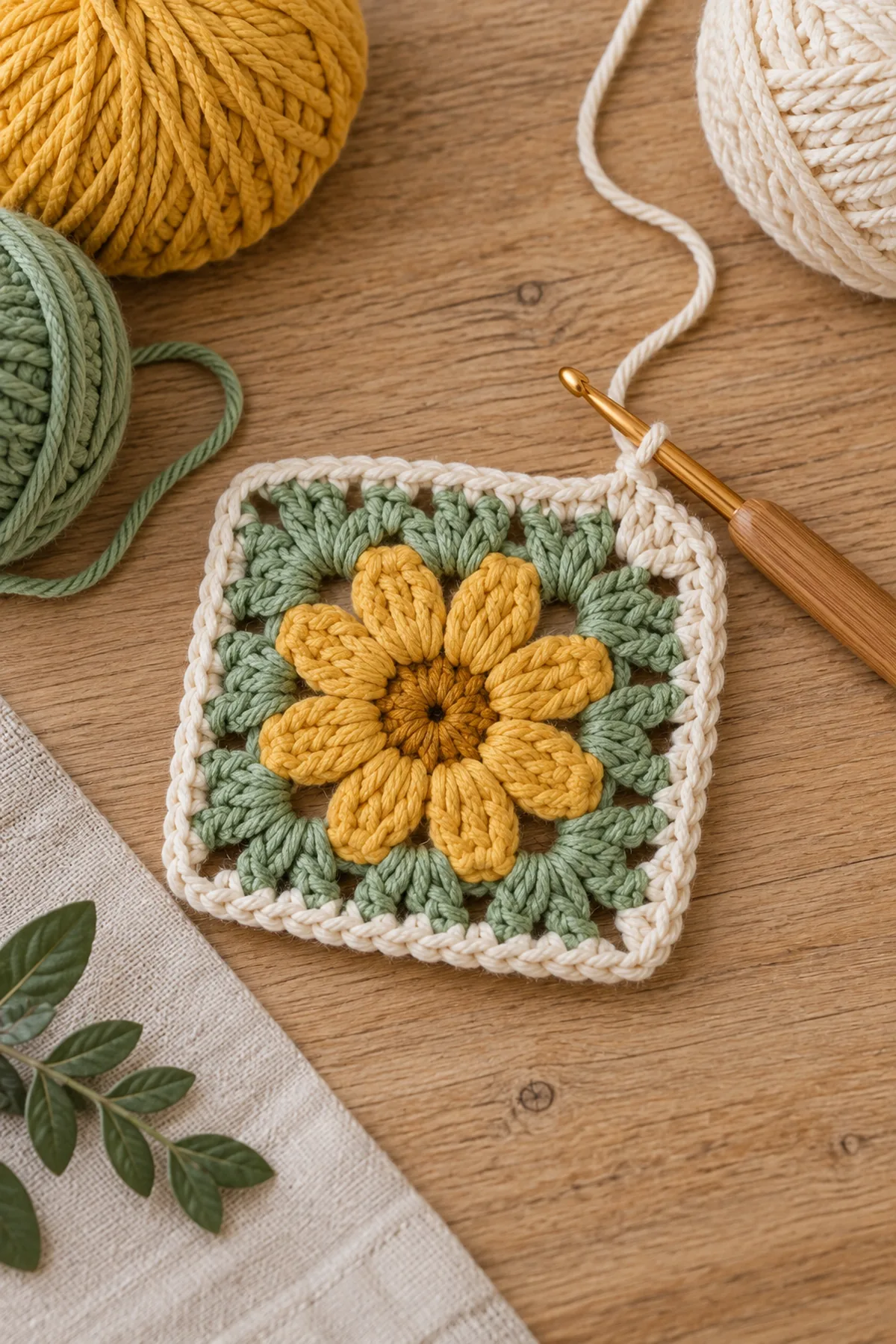 Golden and cream crochet daisy motif in progress beside a crochet hook