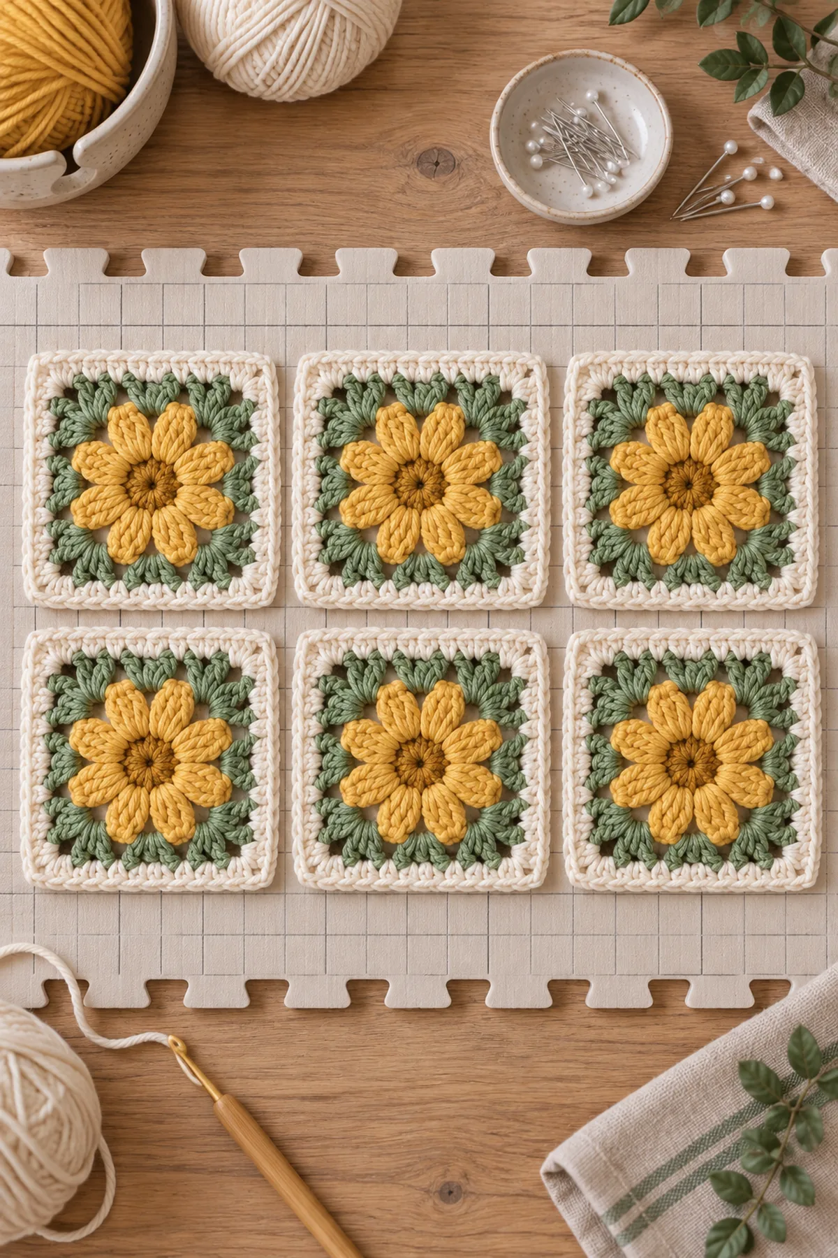 Six blocked daisy granny squares arranged for crochet bucket hat assembly