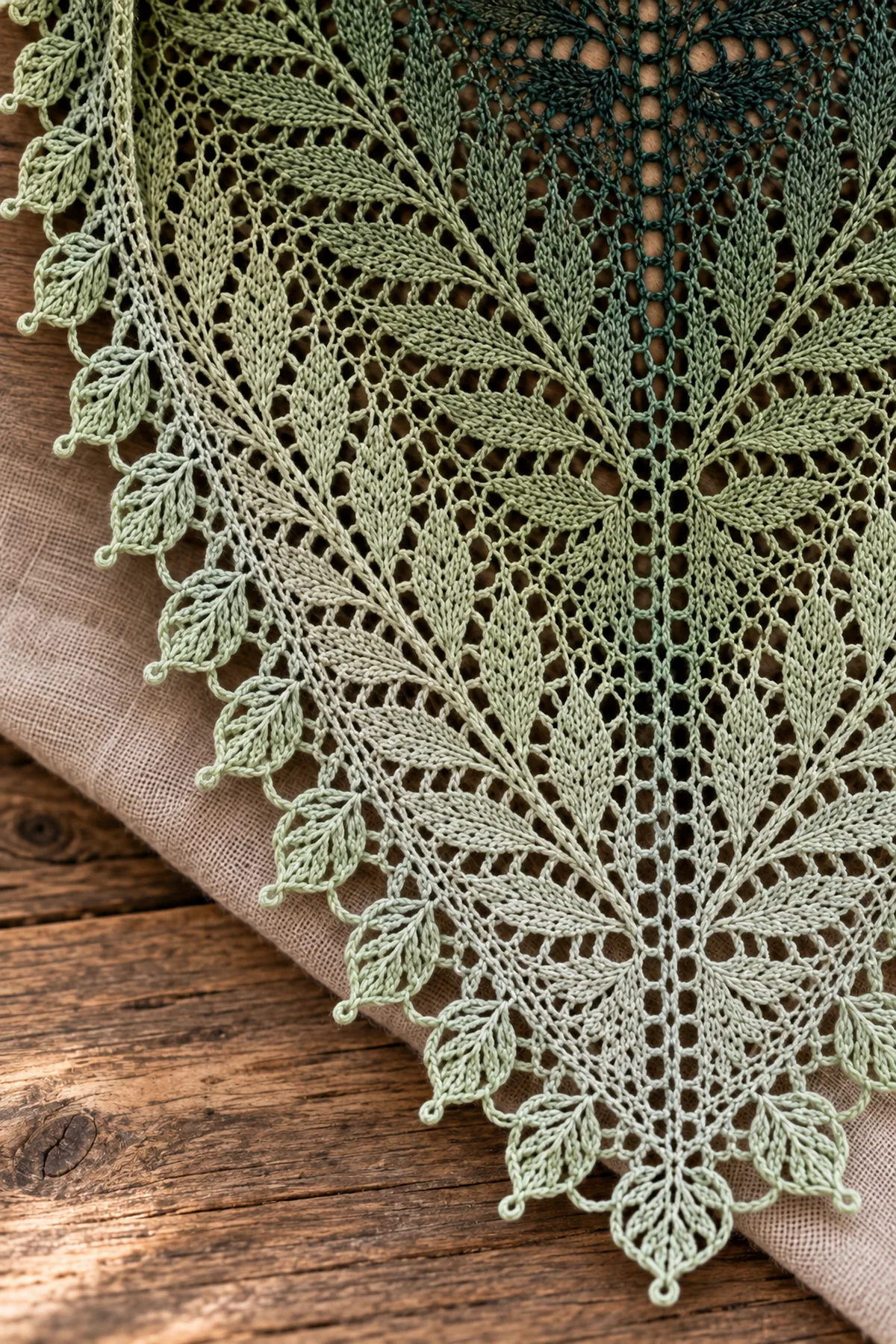Close-up of crochet fern lace raised center vein open leaflets and mist gray picot border