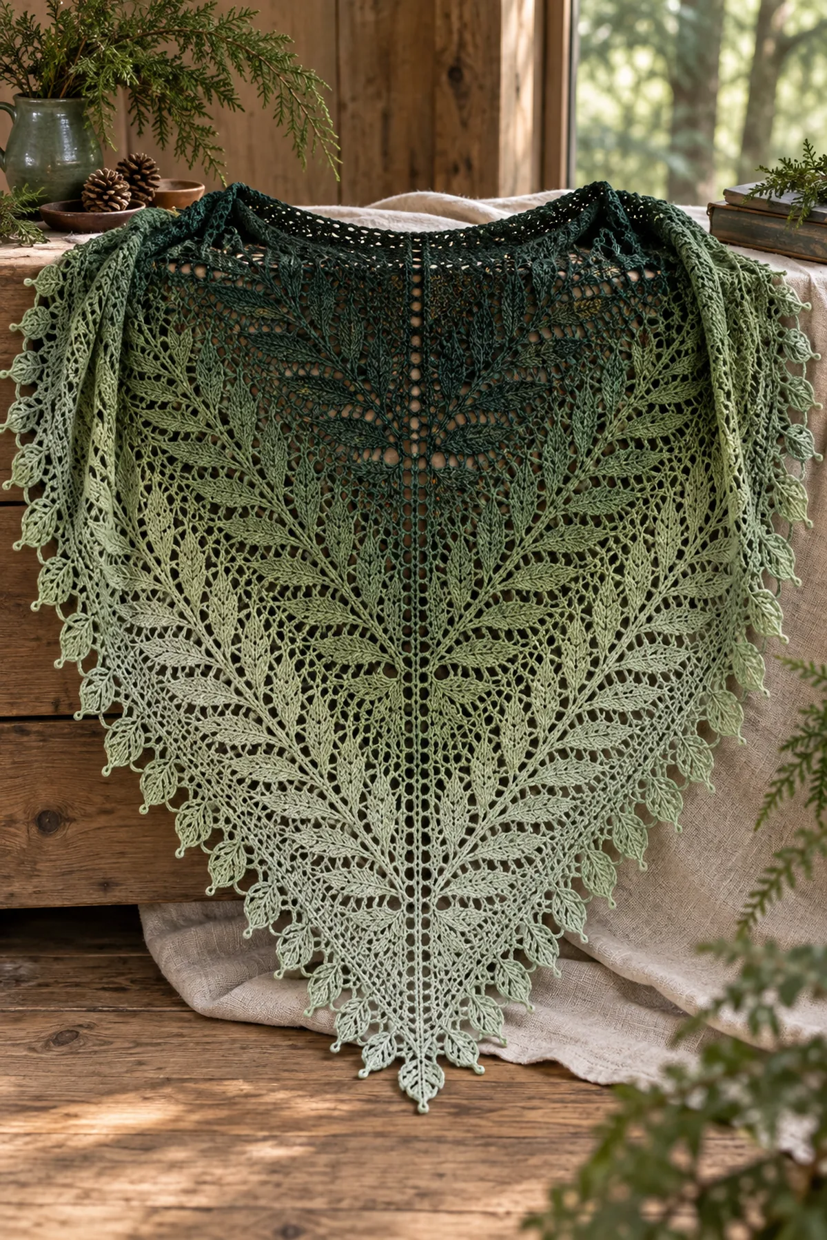 Finished triangular crochet woodland fern lace shawl in deep pine moss and misty sage gradient