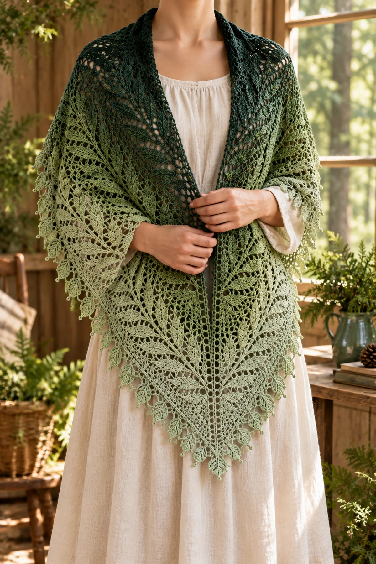 Woodland fern crochet lace shawl draped over a linen dress in a sunlit forest cottage