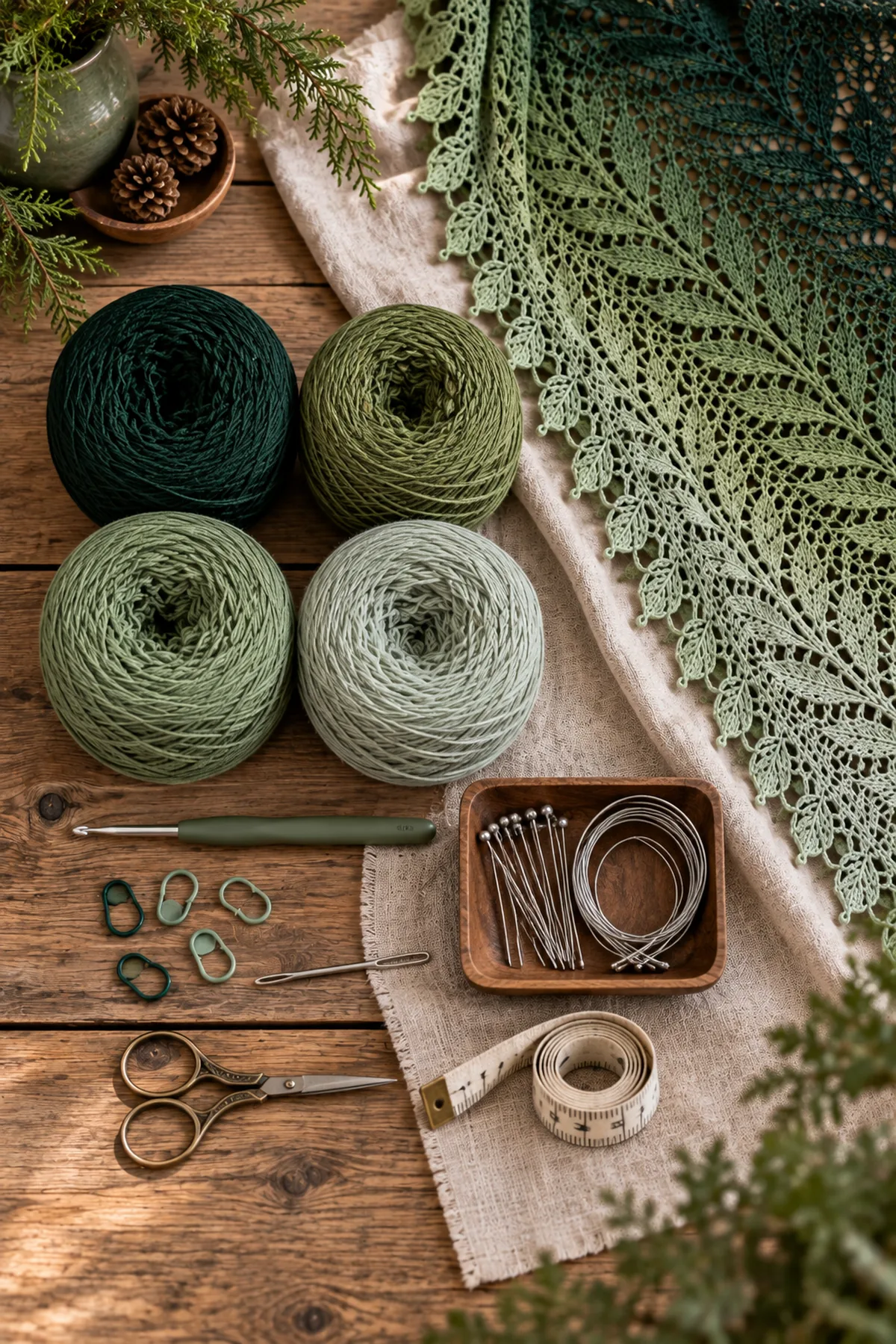 Pine moss sage and mist gray fingering yarn crochet hook markers blocking wires needle scissors and tape