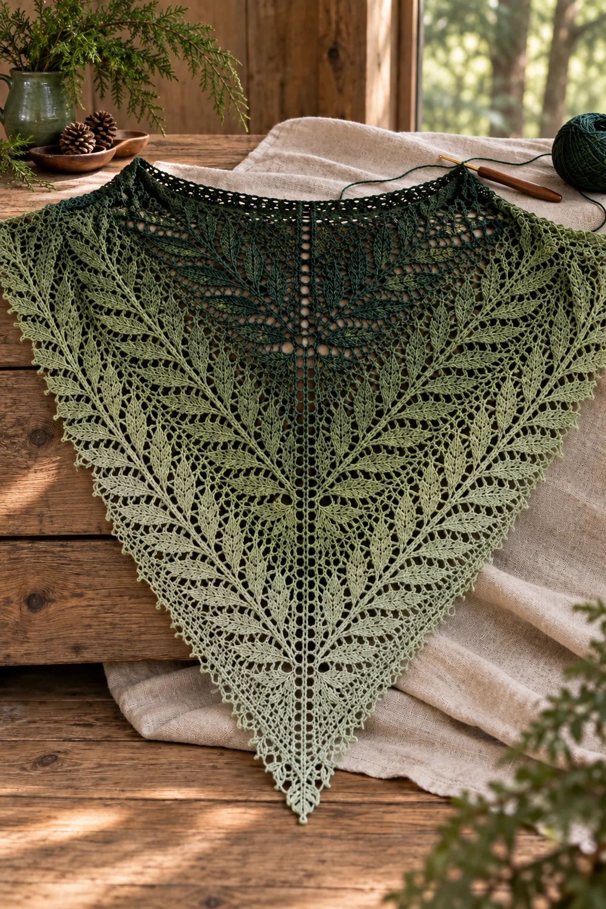 Triangular fern lace shawl midway through branching moss green panels