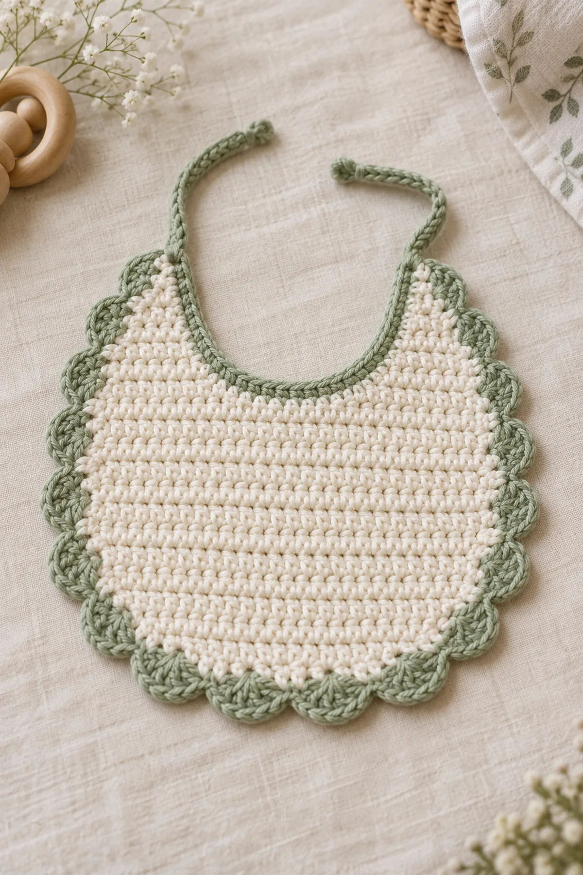 Finished easy crochet baby bib with scalloped edge displayed with a clean handmade finish
