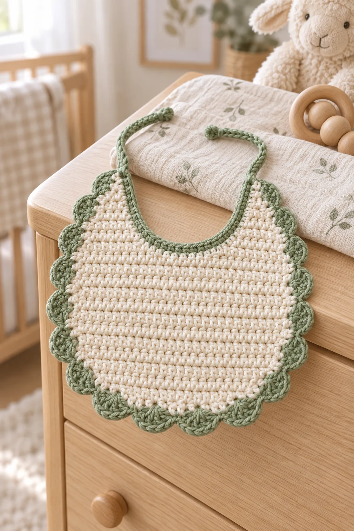 Finished easy crochet baby bib with scalloped edge styled in a bright natural setting