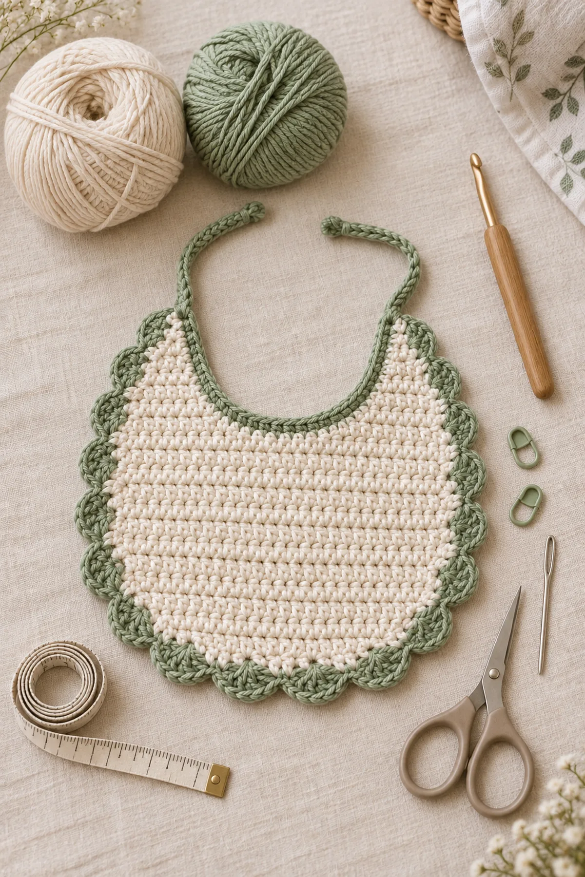 Materials for easy crochet baby bib with scalloped edge including yarn, crochet hook, markers, needle, tape measure, and scissors