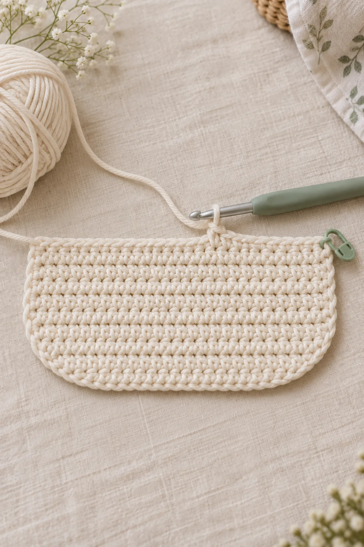 Early crochet construction stage for easy crochet baby bib with scalloped edge with working yarn and hook