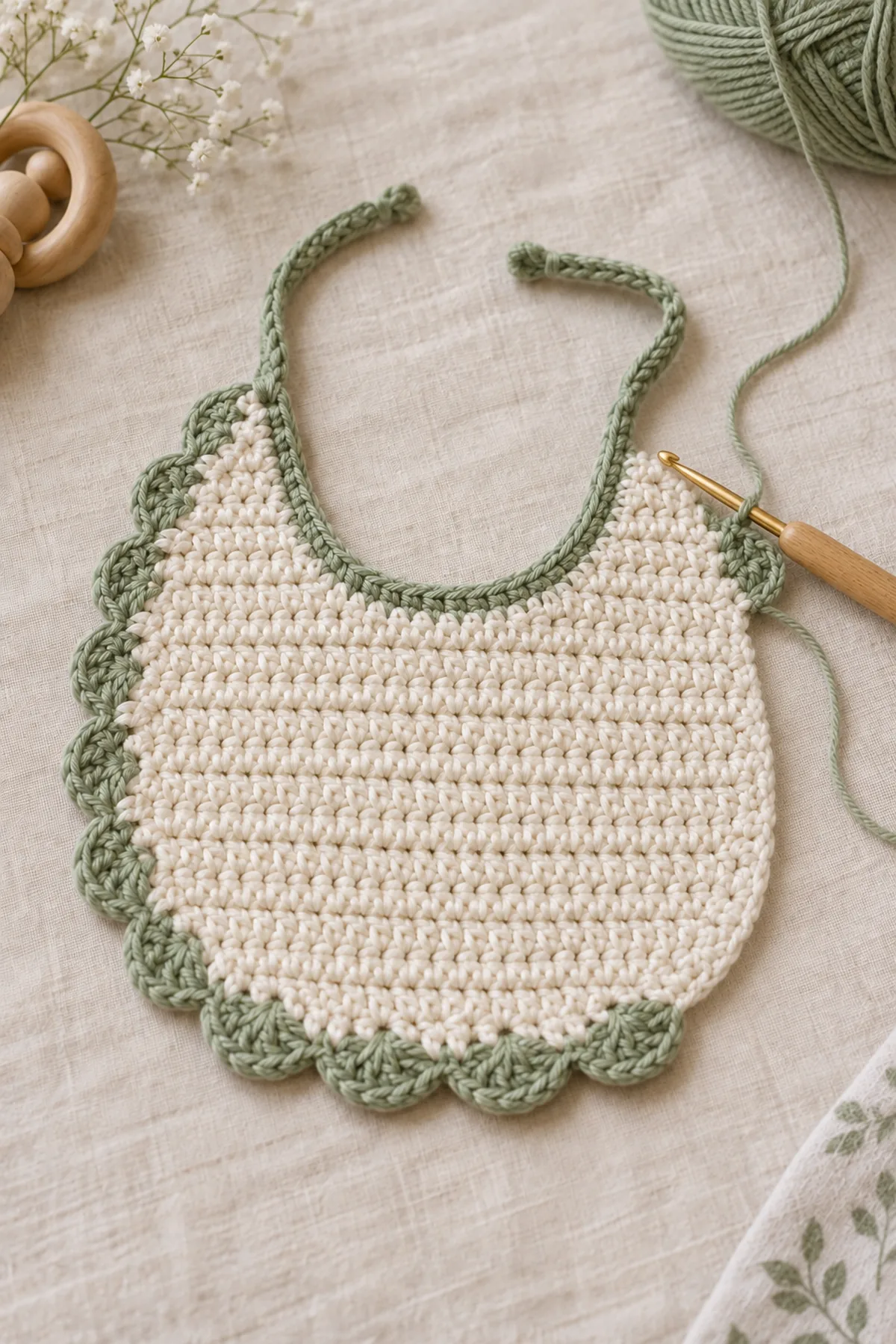 Mid-process crochet construction and shaping for easy crochet baby bib with scalloped edge