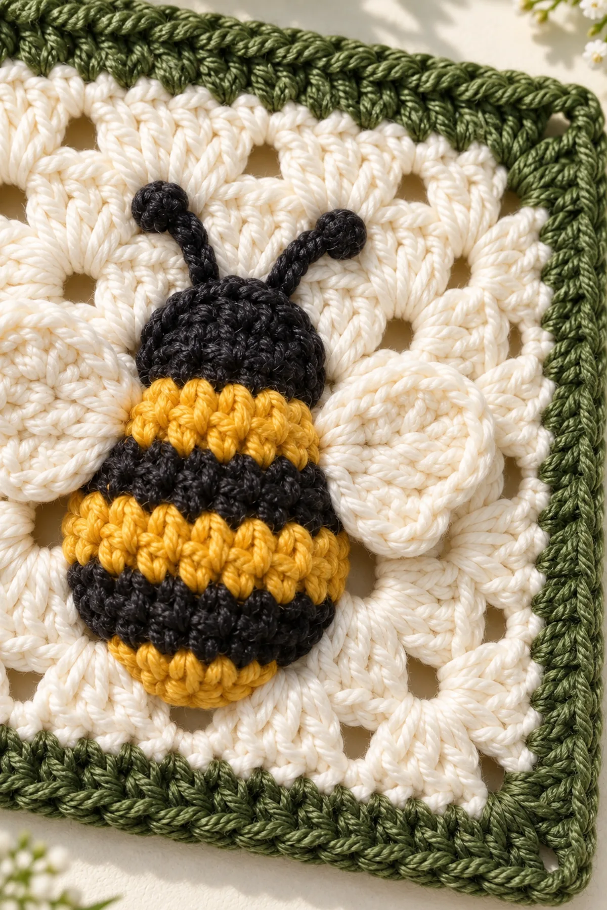 Close-up of stitch texture and finishing details on easy crochet bumblebee granny square