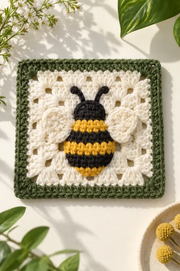 Finished easy crochet bumblebee granny square displayed with a clean handmade finish