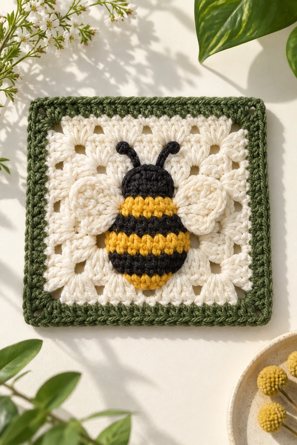 Finished easy crochet bumblebee granny square displayed with a clean handmade finish