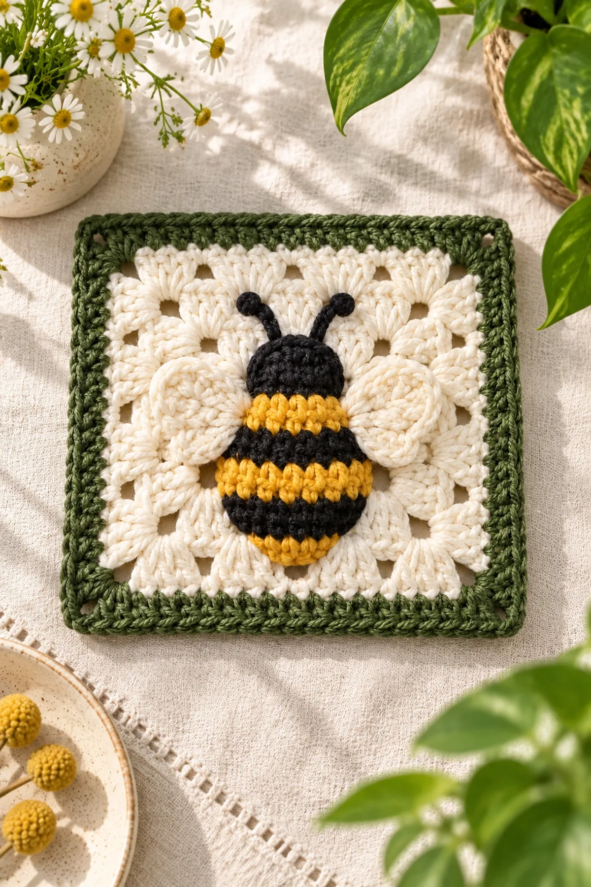 Finished easy crochet bumblebee granny square styled in a bright natural setting