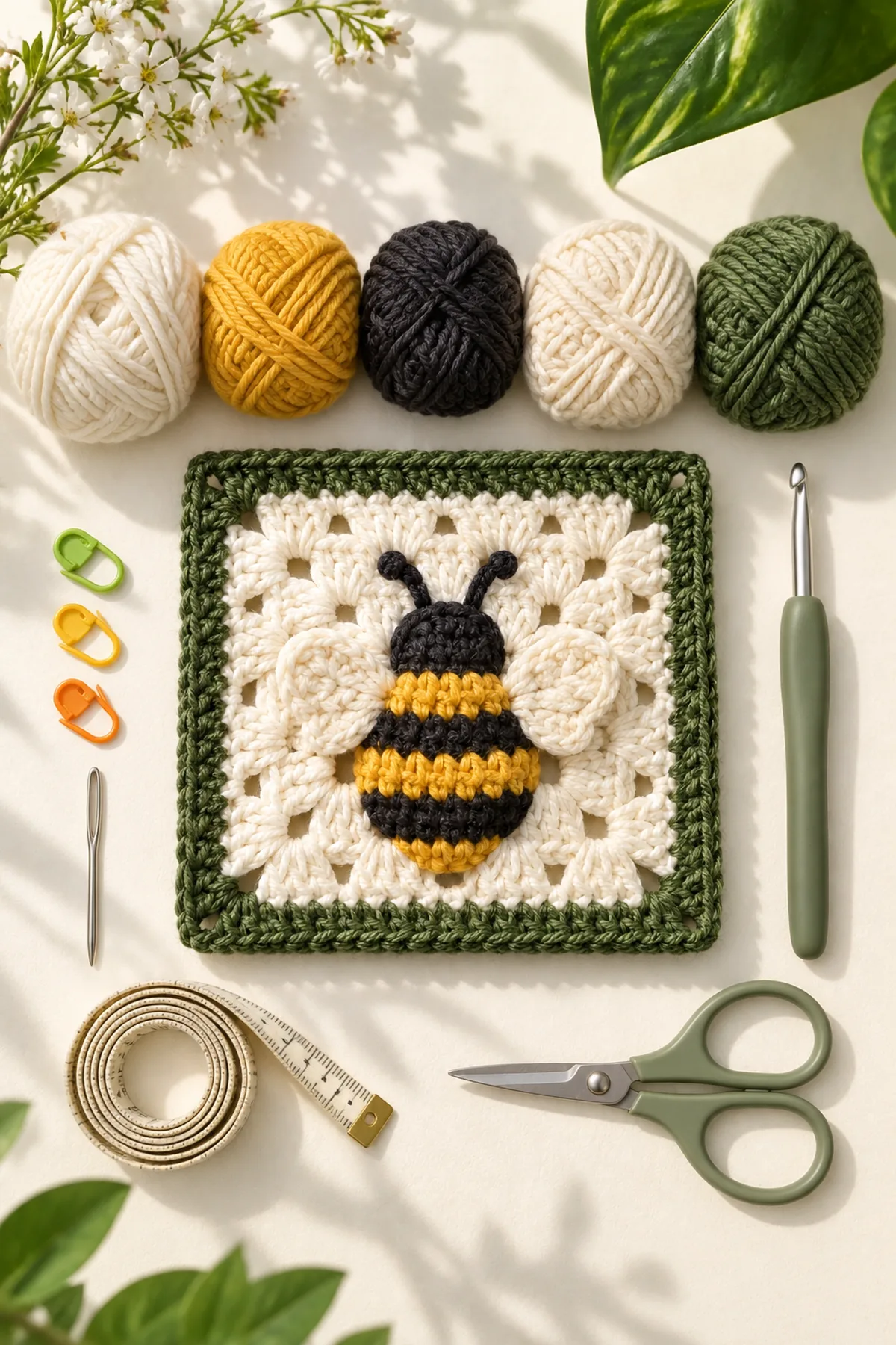 Materials for easy crochet bumblebee granny square including yarn, crochet hook, markers, needle, tape measure, and scissors