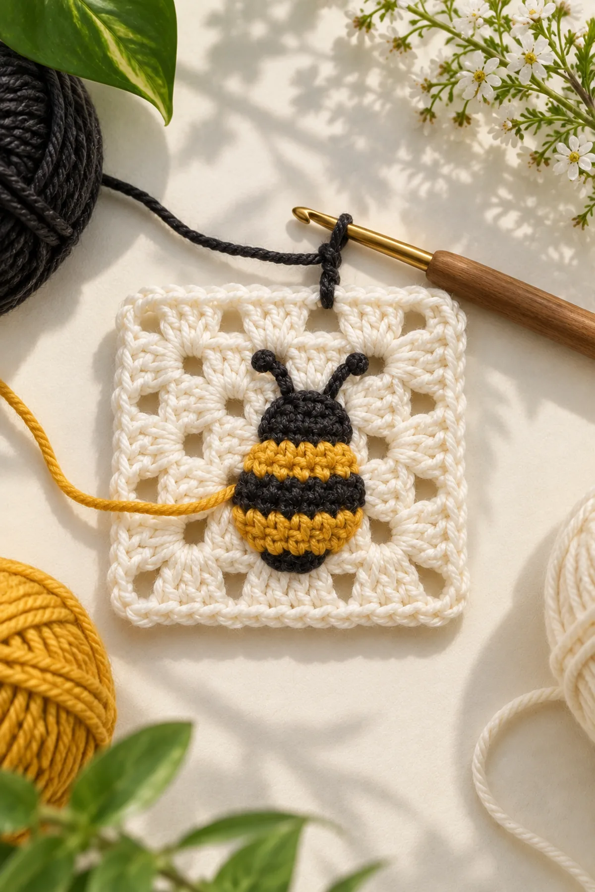 Early crochet construction stage for easy crochet bumblebee granny square with working yarn and hook