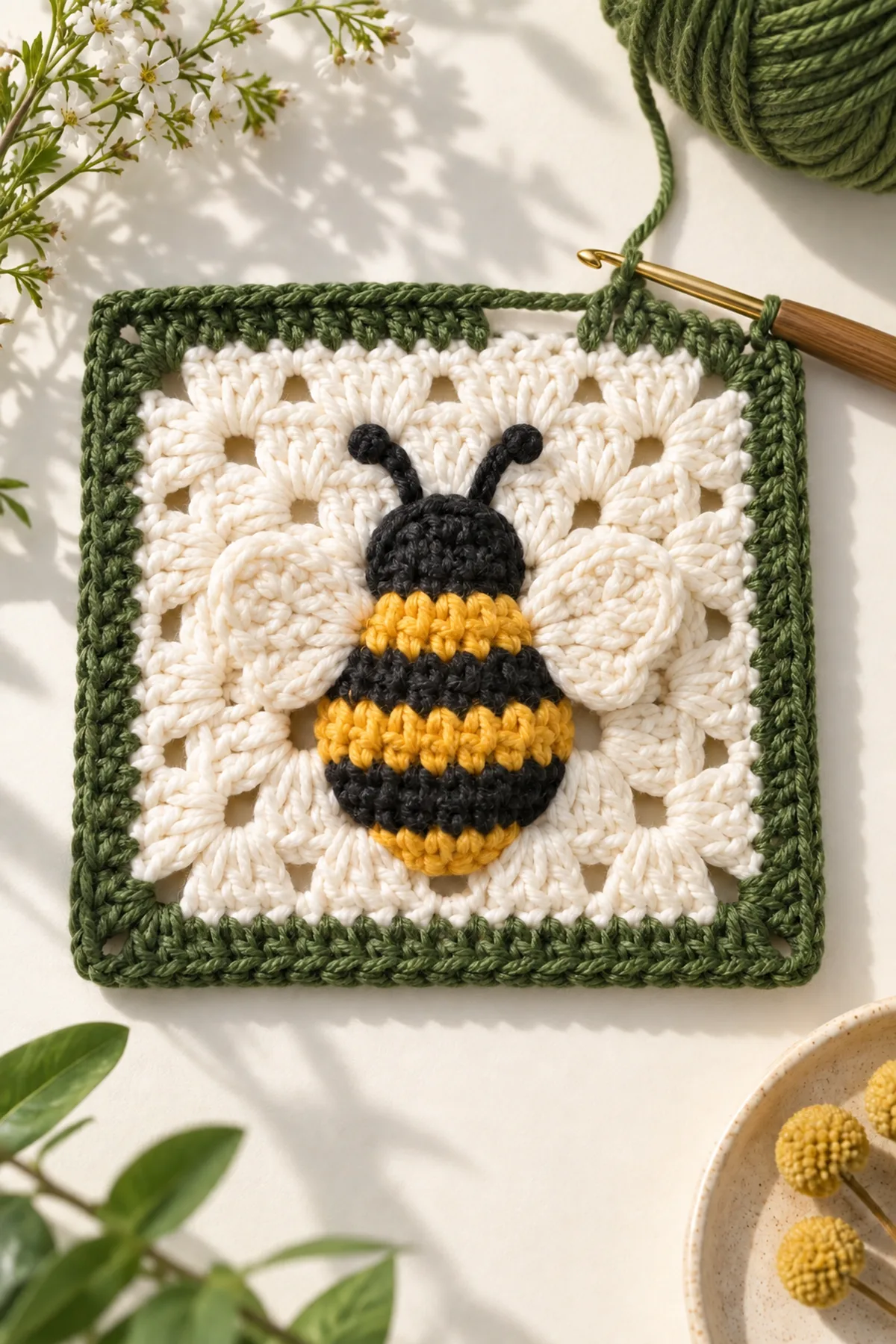 Mid-process crochet construction and shaping for easy crochet bumblebee granny square