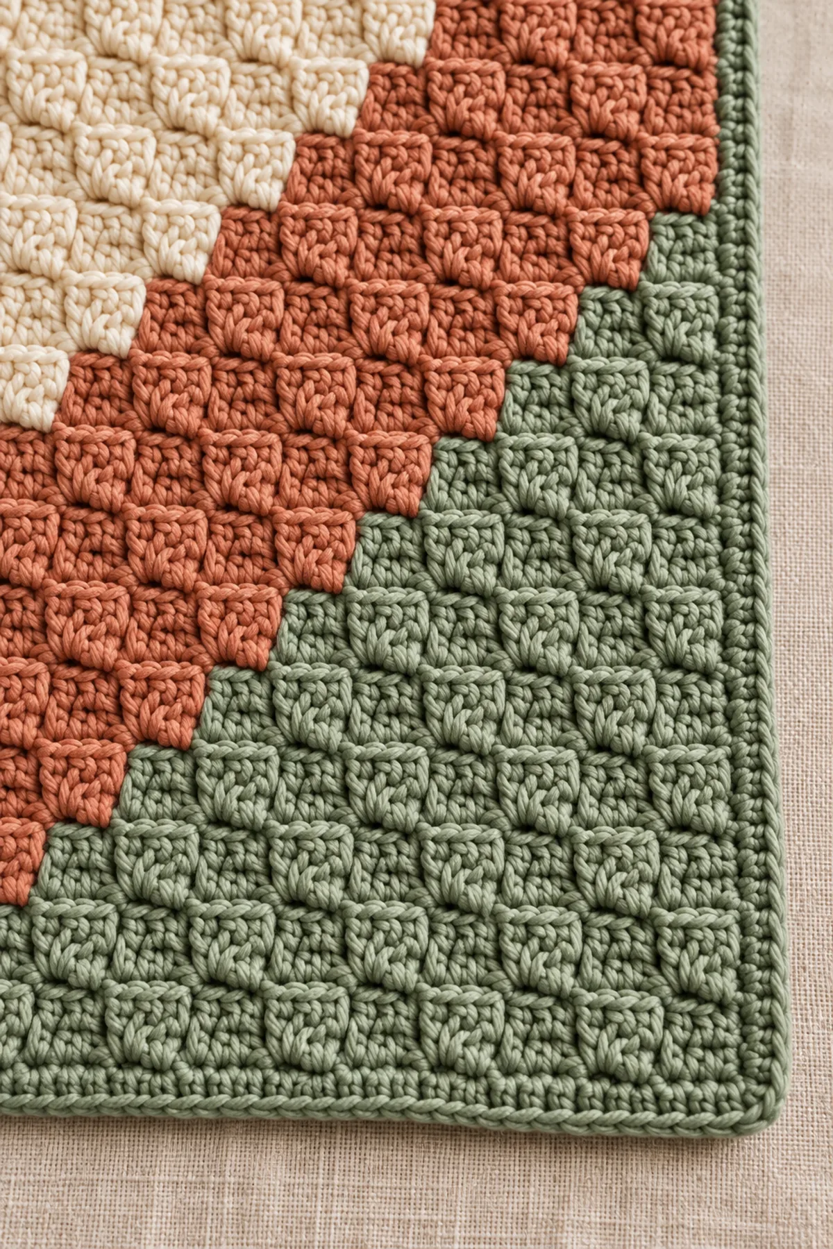 Close-up of stitch texture and finishing details on easy crochet corner-to-corner dish mat pattern