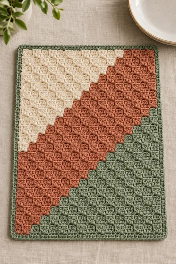 Finished easy crochet corner-to-corner dish mat pattern displayed with a clean handmade finish