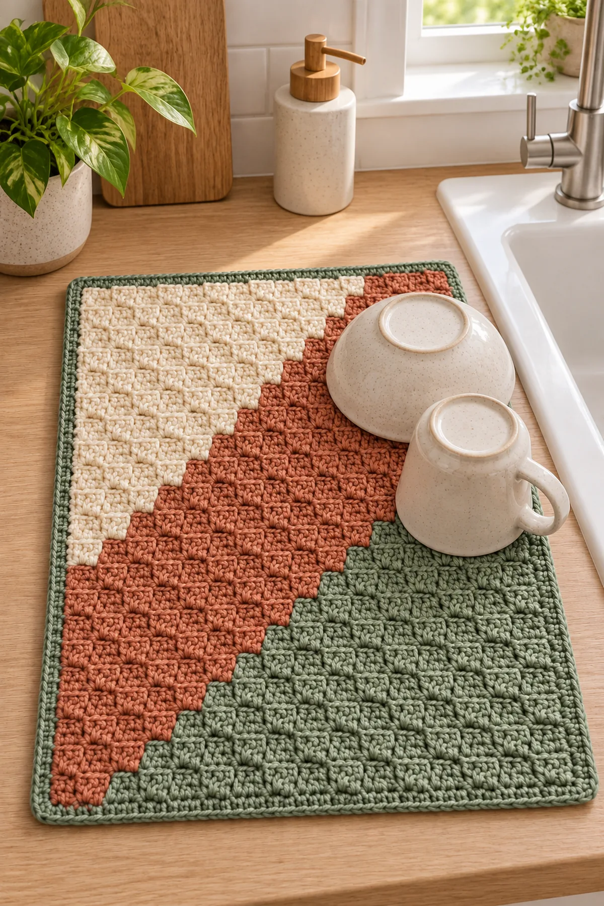 Finished easy crochet corner-to-corner dish mat pattern styled in a bright natural setting