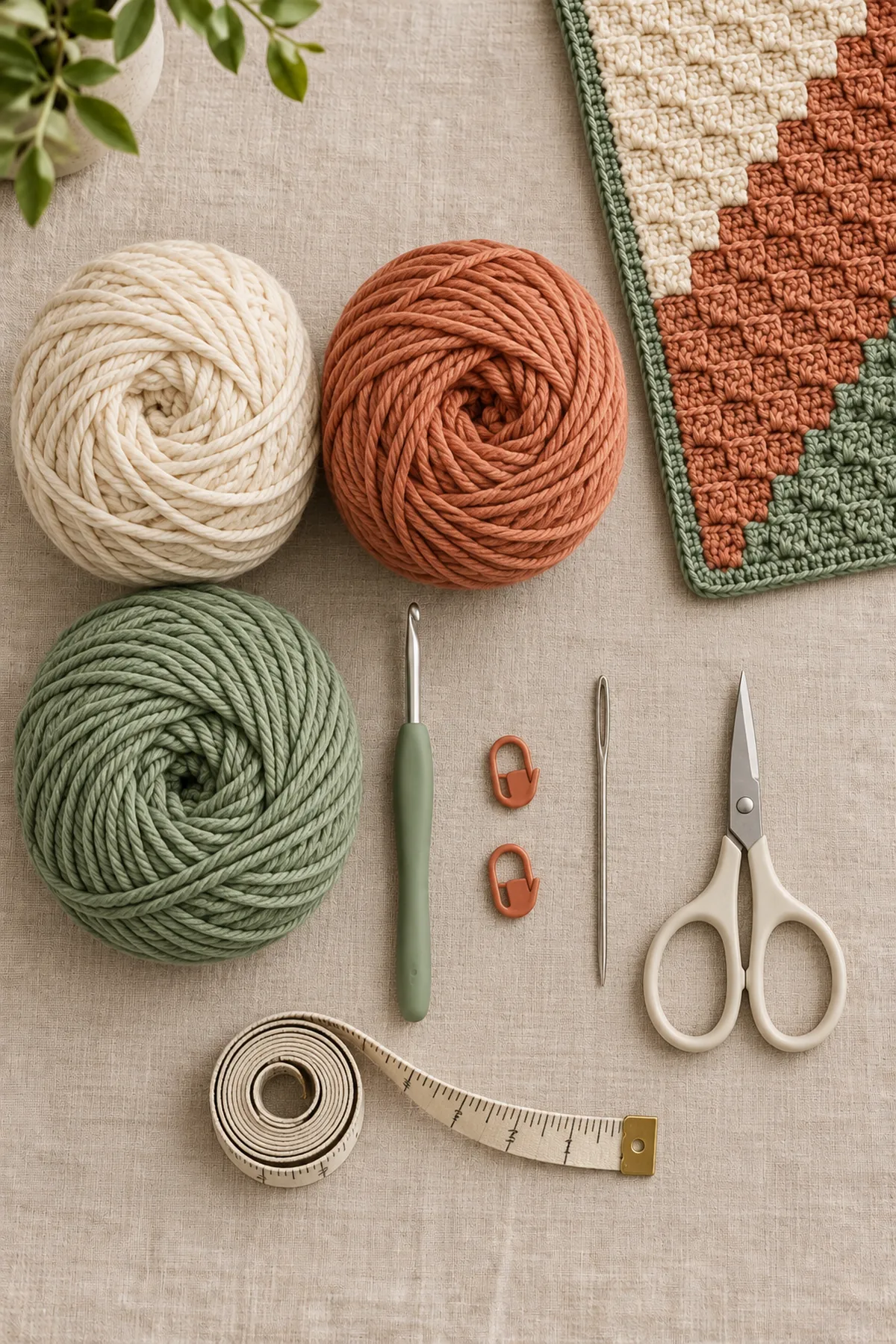 Materials for easy crochet corner-to-corner dish mat pattern including yarn, crochet hook, markers, needle, tape measure, and scissors