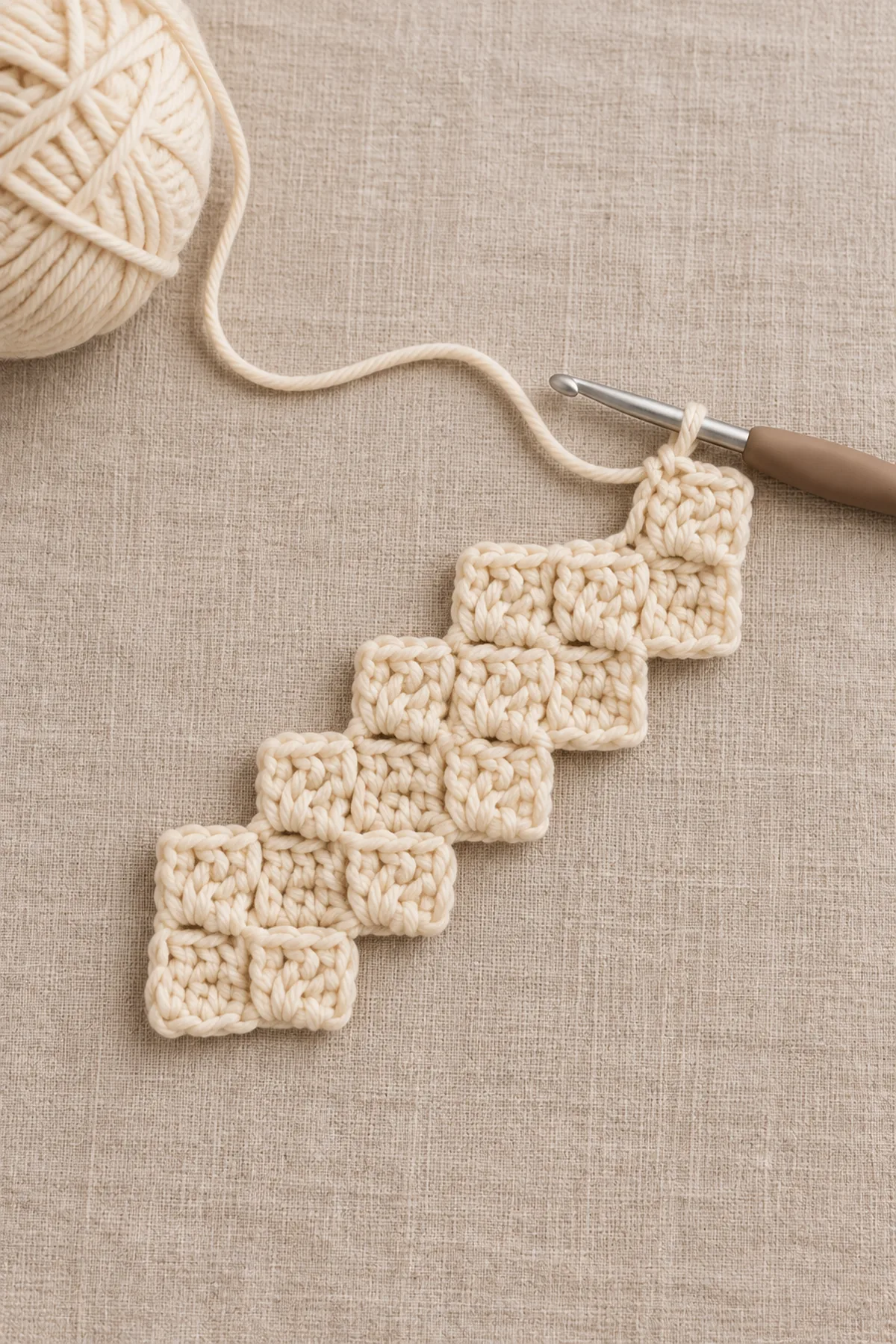 Early crochet construction stage for easy crochet corner-to-corner dish mat pattern with working yarn and hook