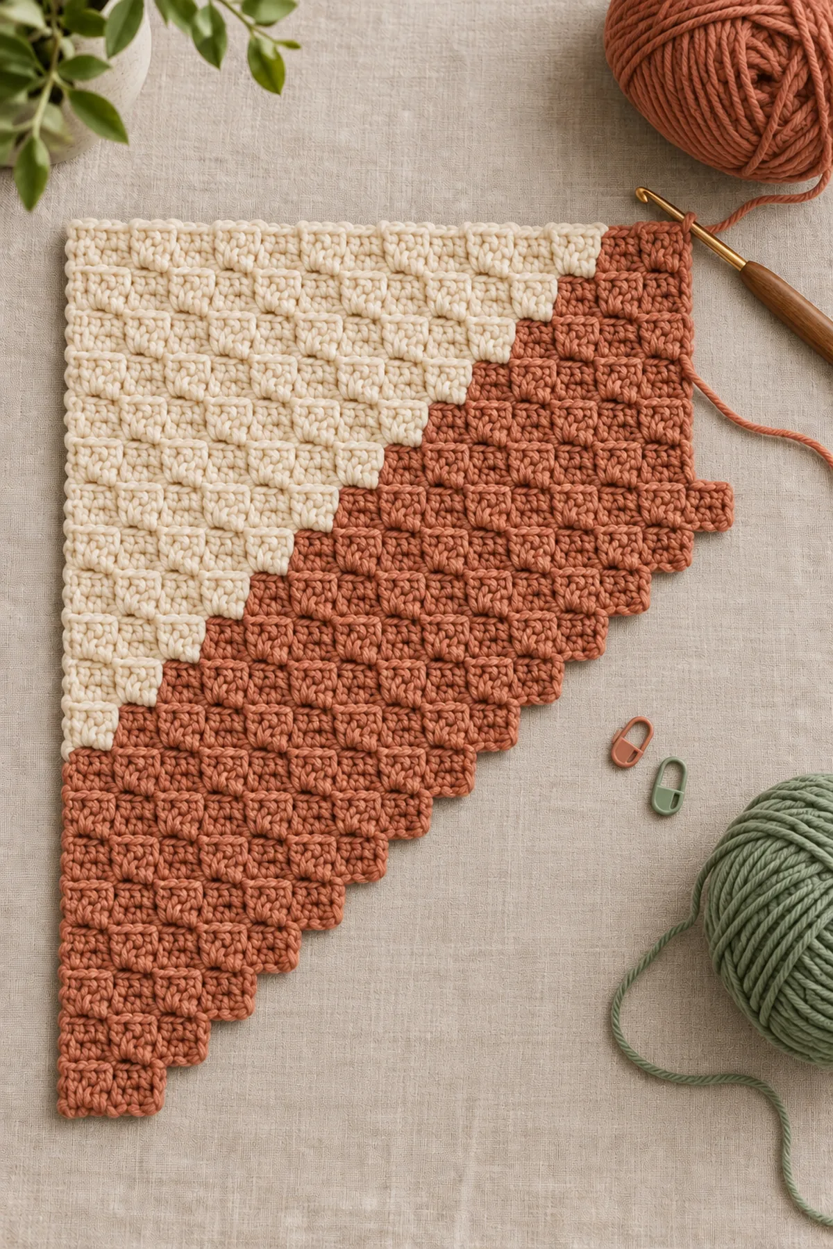 Mid-process crochet construction and shaping for easy crochet corner-to-corner dish mat pattern