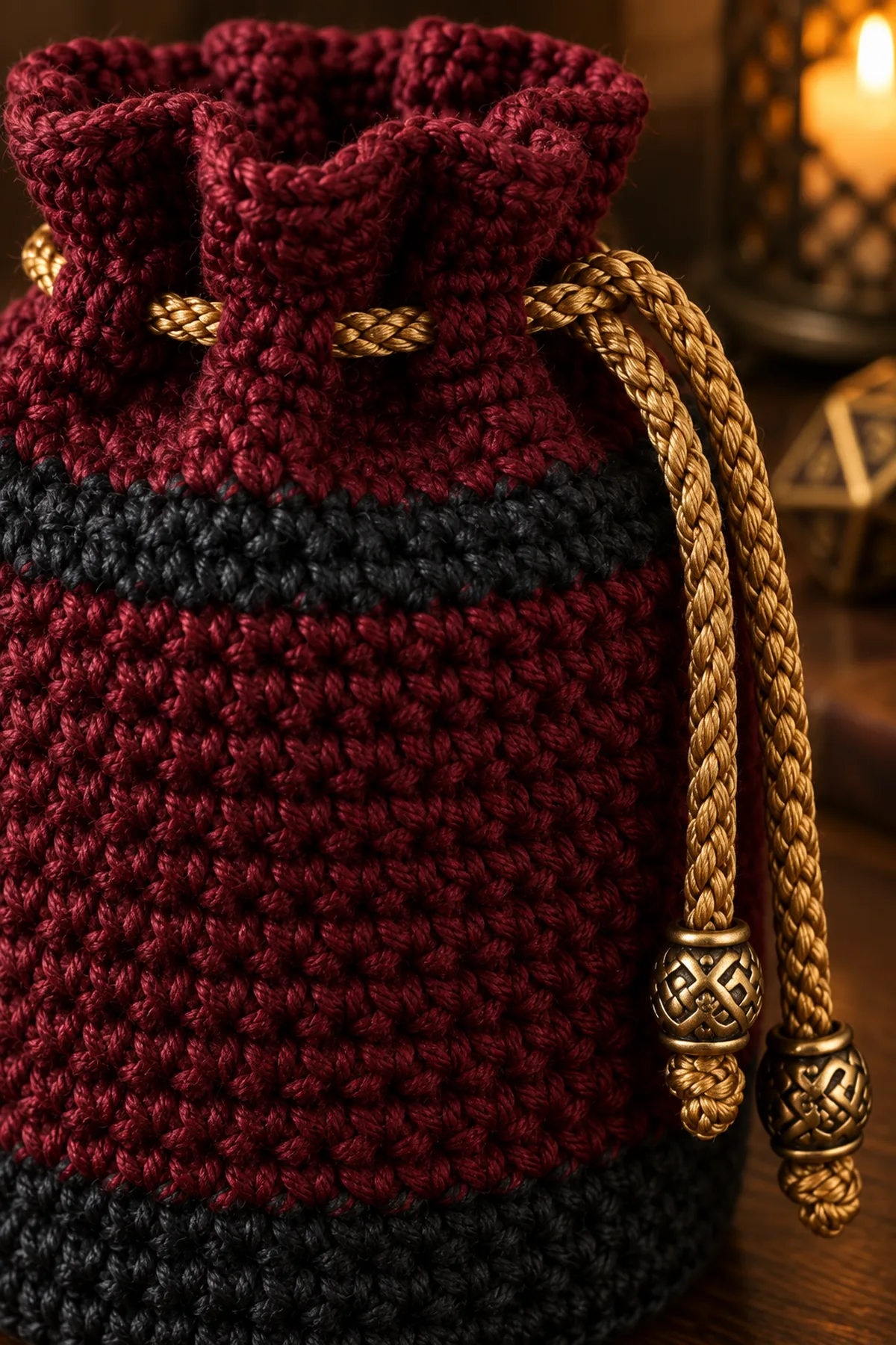 Close-up of stitch texture and finishing details on easy crochet drawstring dice bag