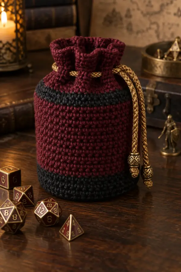 Finished easy crochet drawstring dice bag displayed with a clean handmade finish