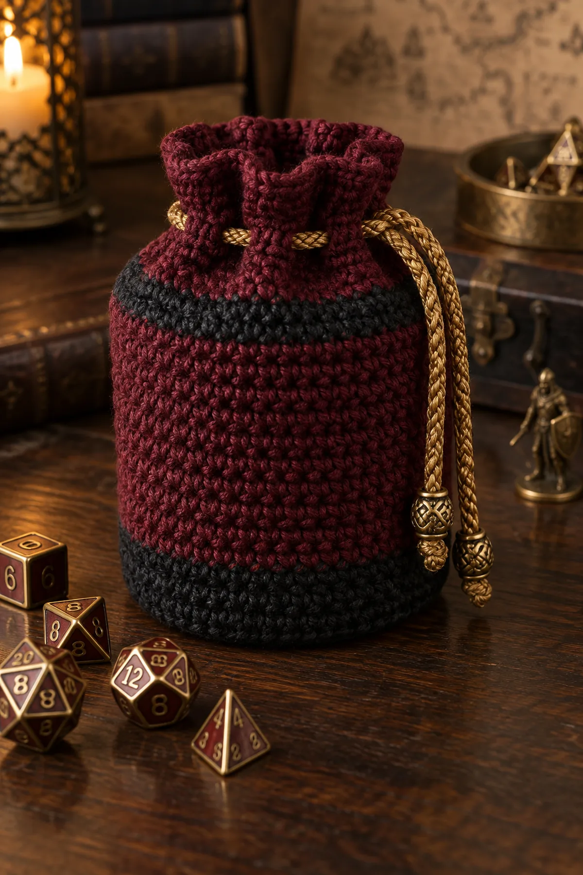 Finished easy crochet drawstring dice bag displayed with a clean handmade finish
