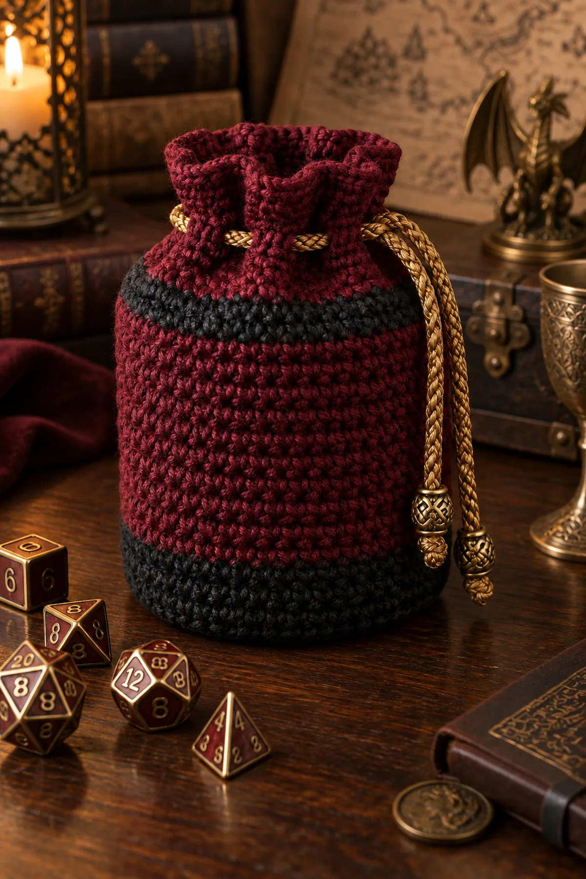 Finished easy crochet drawstring dice bag styled in a bright natural setting