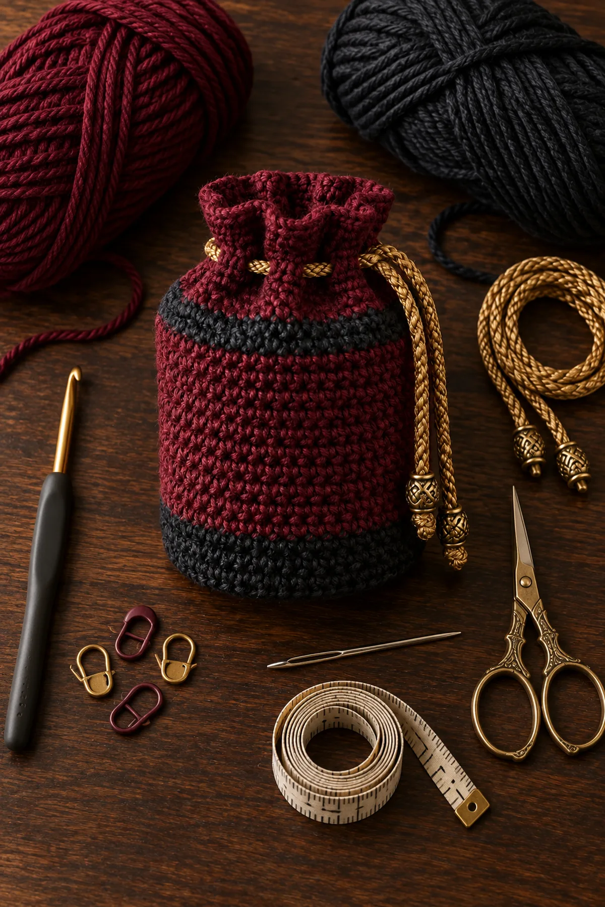 Materials for easy crochet drawstring dice bag including yarn, crochet hook, markers, needle, tape measure, and scissors