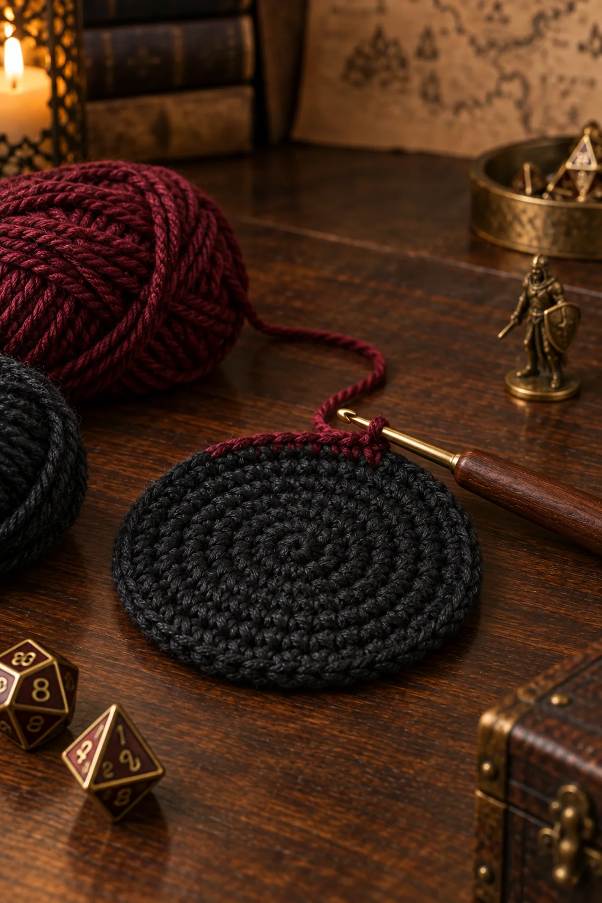 Early crochet construction stage for easy crochet drawstring dice bag with working yarn and hook