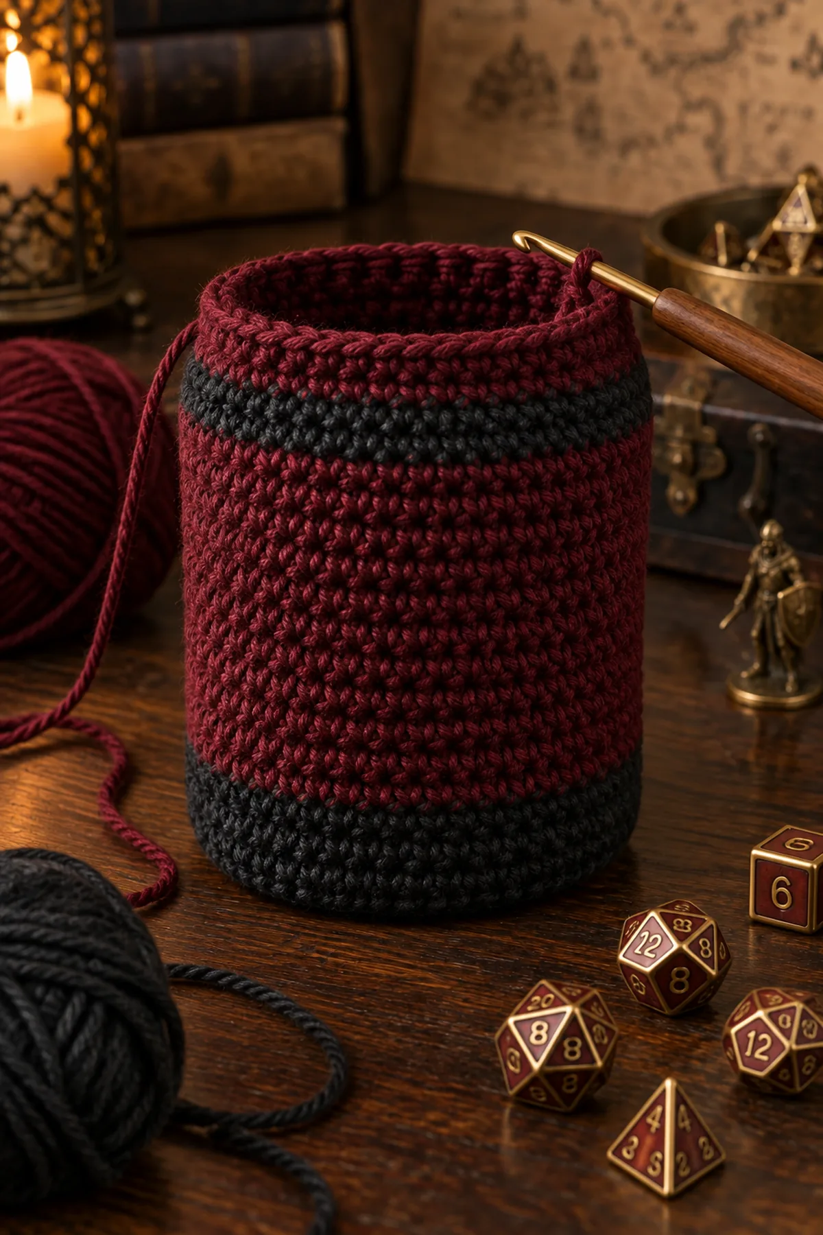 Mid-process crochet construction and shaping for easy crochet drawstring dice bag