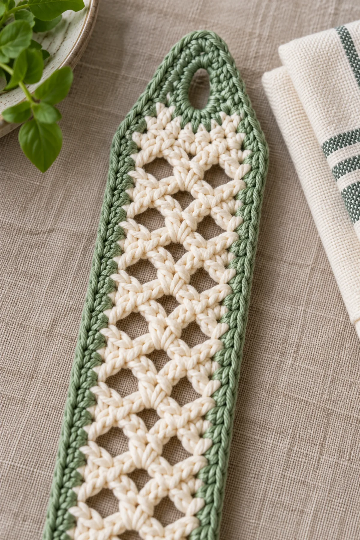 Close-up of stitch texture and finishing details on easy crochet lattice kitchen towel holder pattern