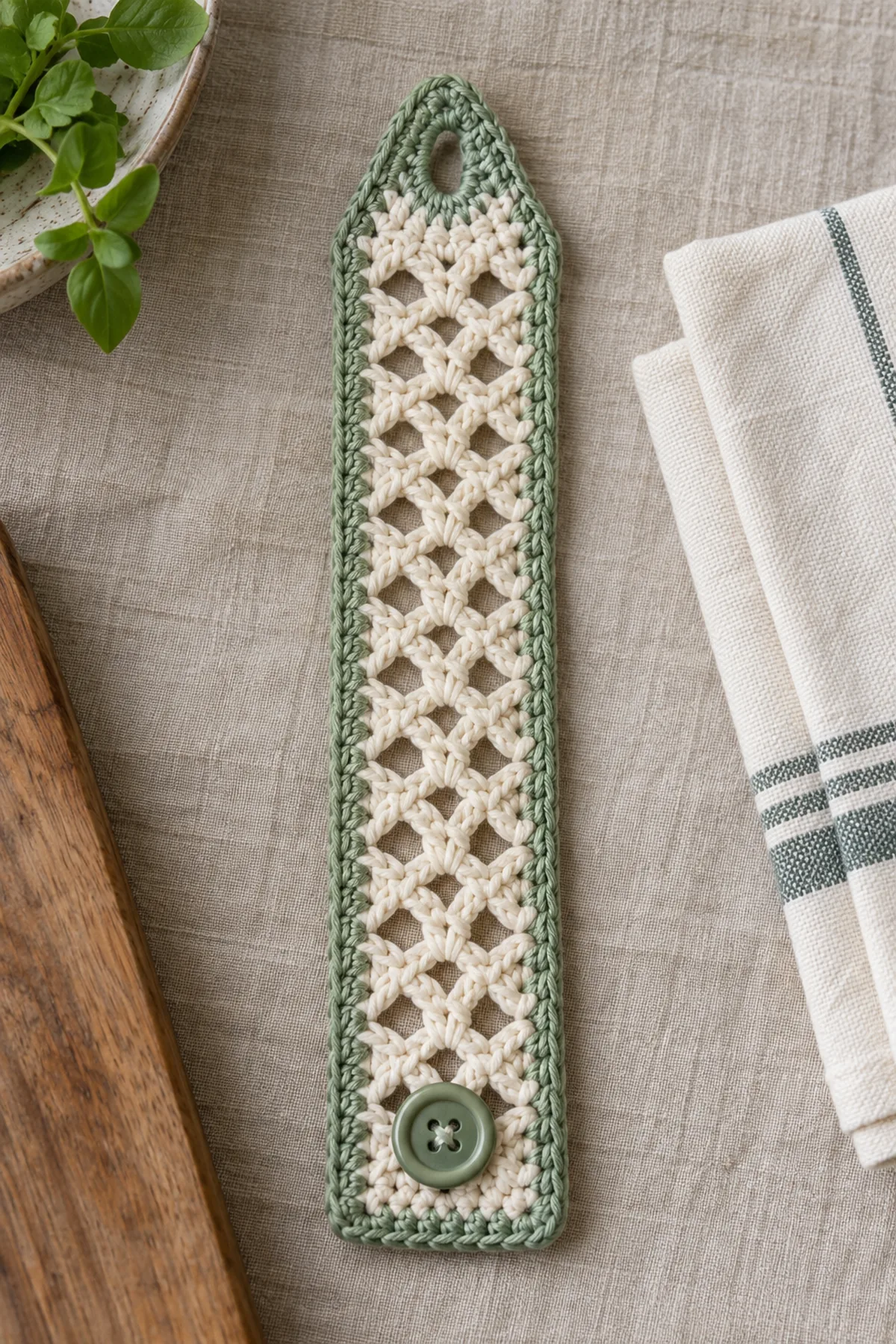 Finished easy crochet lattice kitchen towel holder pattern displayed with a clean handmade finish