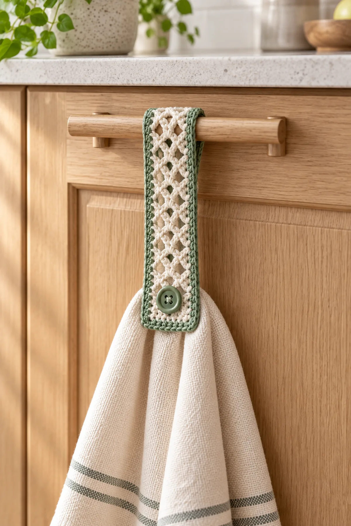 Finished easy crochet lattice kitchen towel holder pattern styled in a bright natural setting